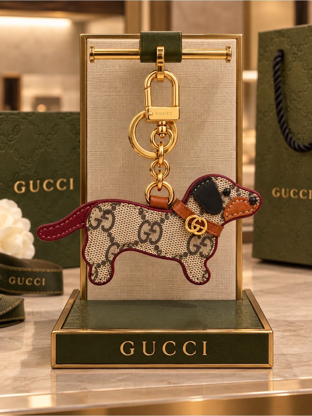 Dog Keychain Charm in Beige and Brown
